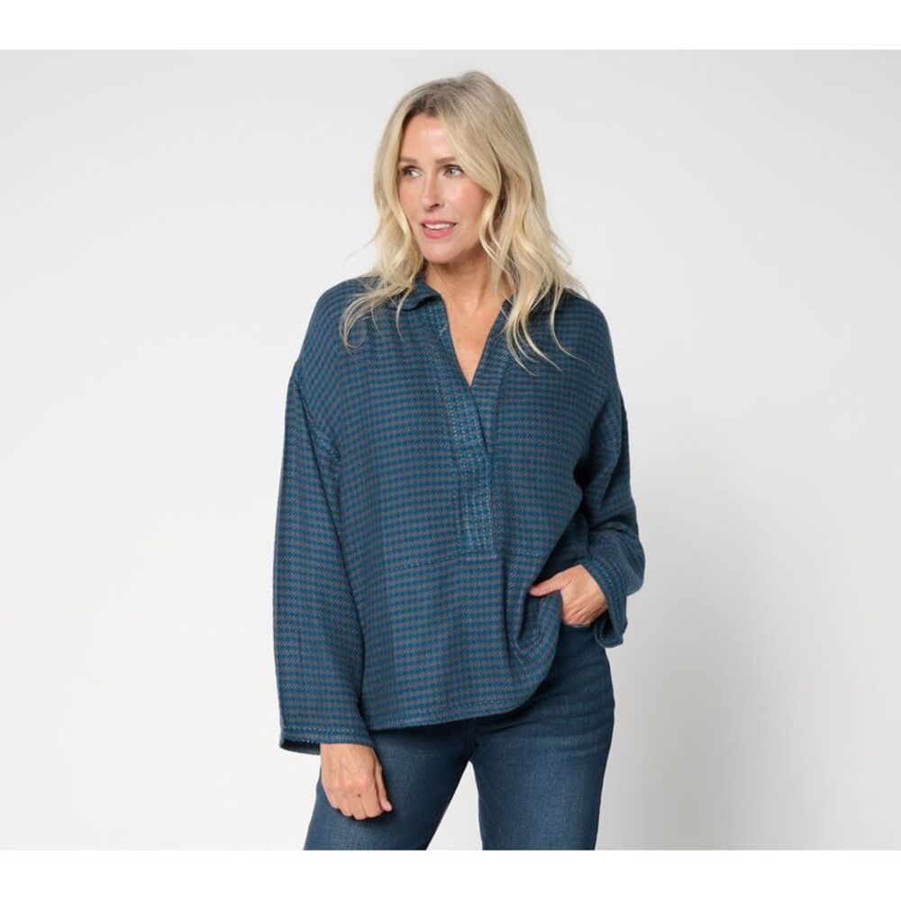 Peace Love World Women's Top Sz XL Boheme Houndsooth Brushed Twill Blue